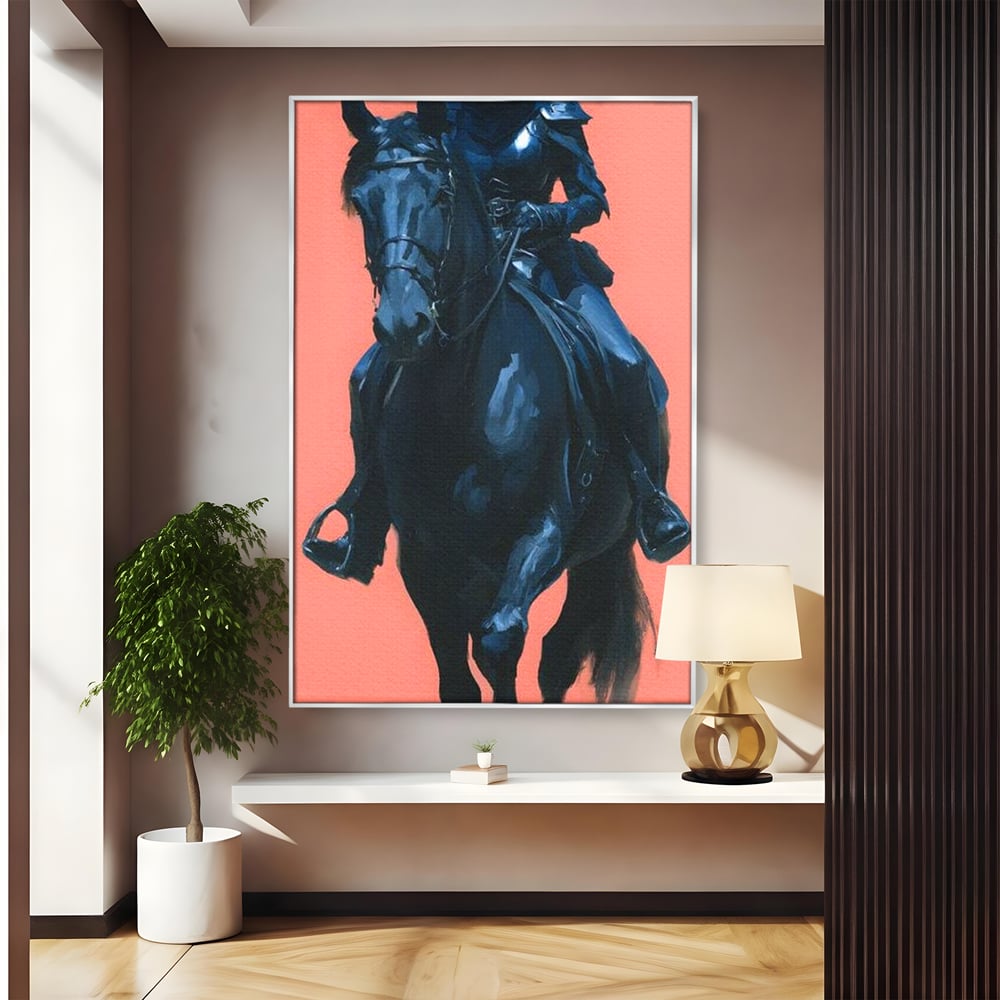 Tablou canvas cu tablou canvas cu femeie calare, in rama de aluminiu argintiu